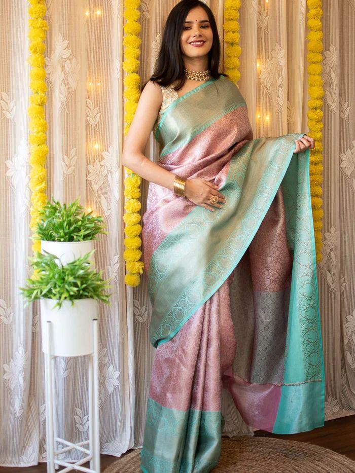 Beautiful Banarasi Tissues Silk Printed Saree With Tapeta Jaal Fancy Border & Unstitched Blouse