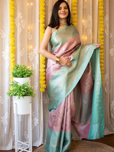 Beautiful Banarasi Tissues Silk Printed Saree With Tapeta Jaal Fancy Border & Unstitched Blouse