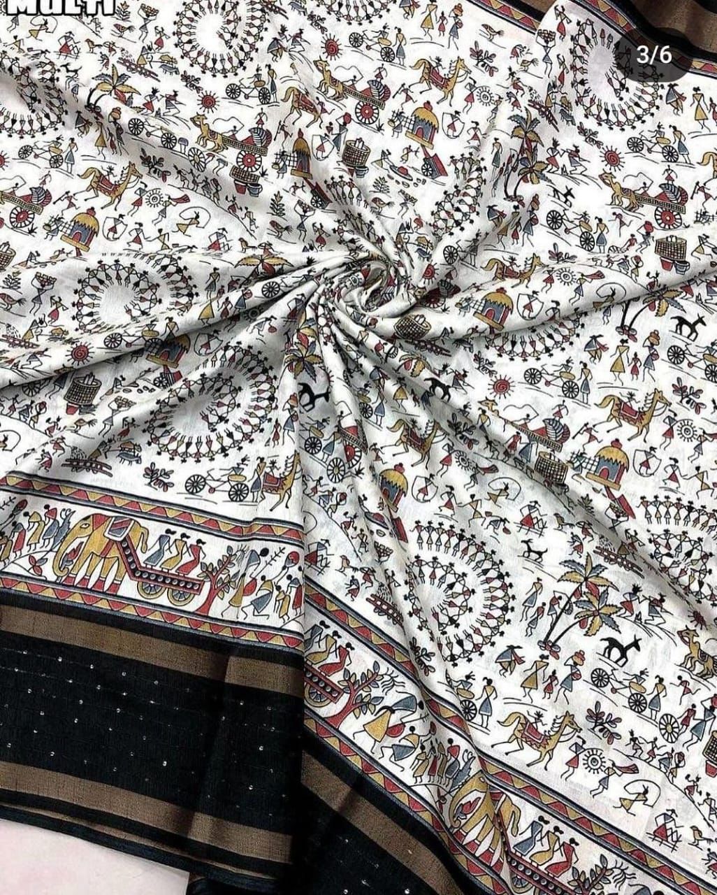 Embellished White Cotton Kalamkari Print Saree By The Circle Of Devi