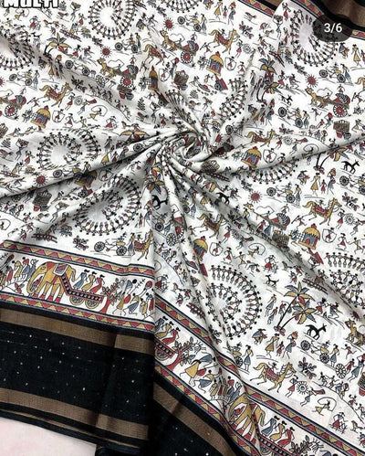 Embellished White Cotton Kalamkari Print Saree By The Circle Of Devi