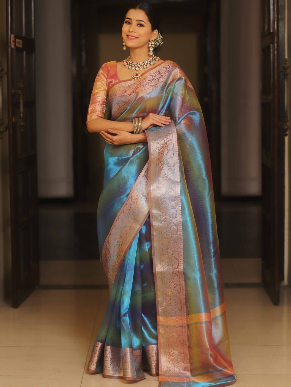 Rainbow Shimmer Tissue Silk Saree with Jacquard Border