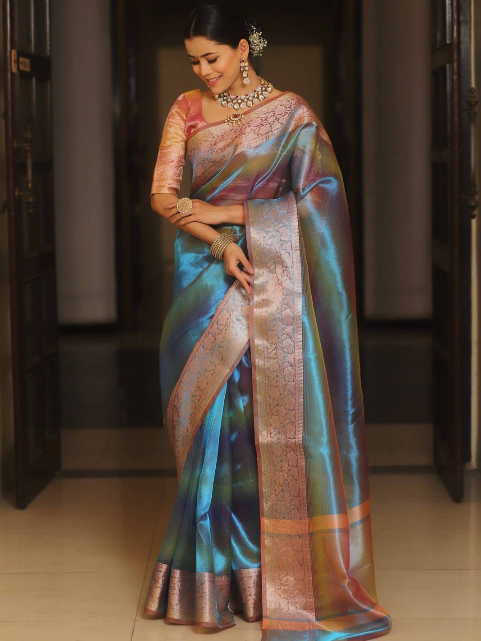 Rainbow Shimmer Tissue Silk Saree with Jacquard Border