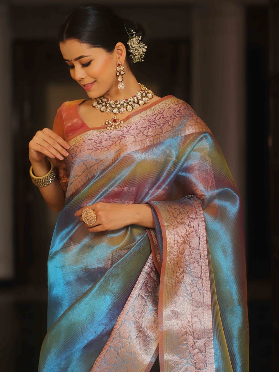 Rainbow Shimmer Tissue Silk Saree with Jacquard Border