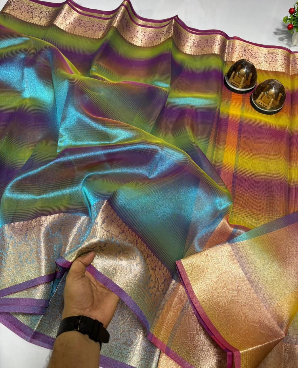 Rainbow Shimmer Tissue Silk Saree with Jacquard Border