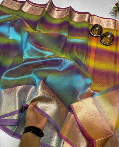 Rainbow Shimmer Tissue Silk Saree with Jacquard Border