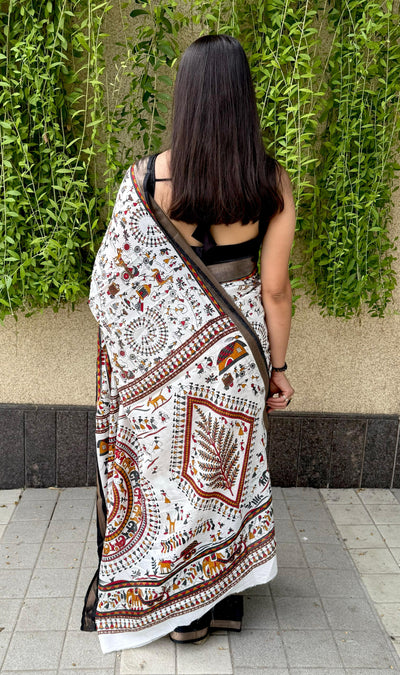 Embellished White Cotton Kalamkari Print Saree By The Circle Of Devi