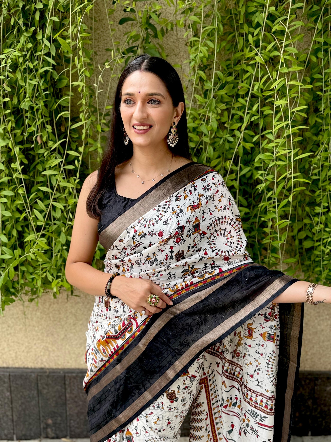 Embellished White Cotton Kalamkari Print Saree By The Circle Of Devi