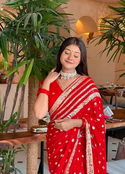 Premium Red Viscose Georgette Saree with Running Georgette Blouse