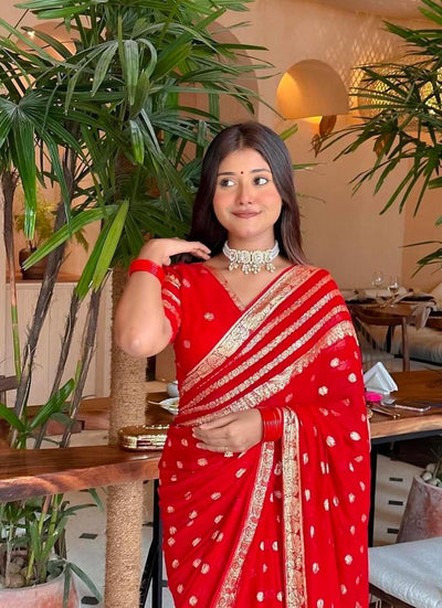 Premium Red Viscose Georgette Saree with Running Georgette Blouse