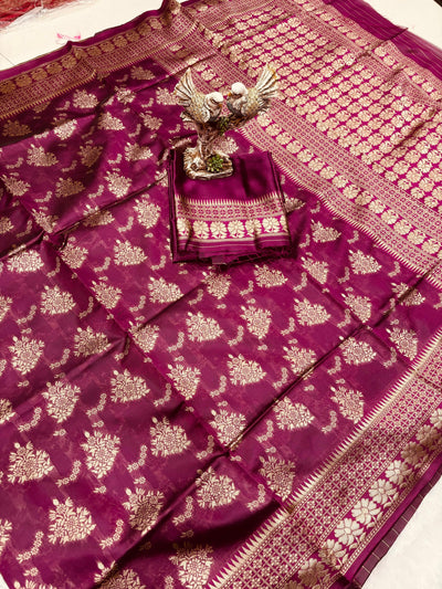 Beautiful Soft Lichi Silk Saree With Jacquard Work With Heavy Brocade Blouse