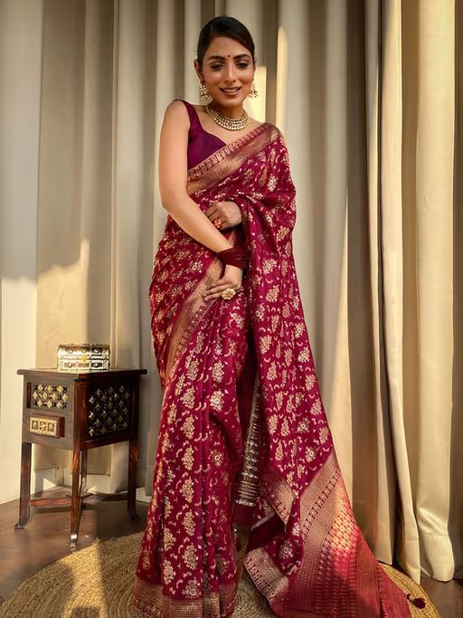 Beautiful Soft Lichi Silk Saree With Jacquard Work With Heavy Brocade Blouse