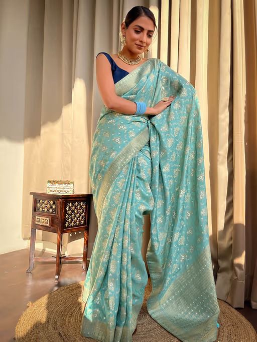 Beautiful Soft Lichi Silk Saree With Jacquard Work With Heavy Brocade Blouse