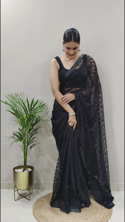 Beautiful Black Net Brasso Saree With Running Net Blouse