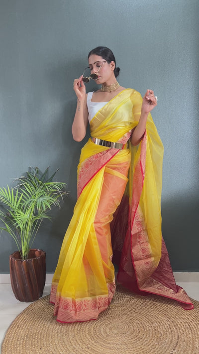 Beautiful Pure Kanchi Organza Jacquard Yellow Saree With Unstitched Blouse