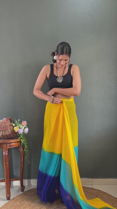 Beautiful Georgette One Min Yellow Ready To Wear saree With Running Blouse