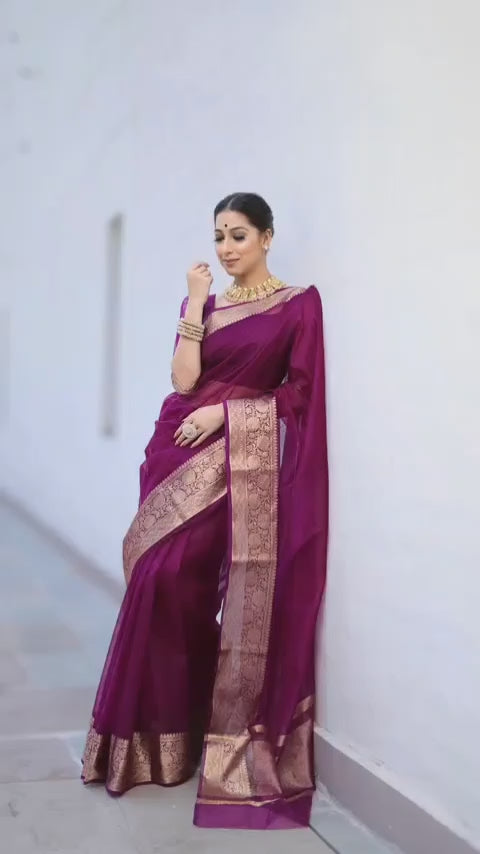 Beautiful Organza Jacquard Saree With Raw Silk Blouse