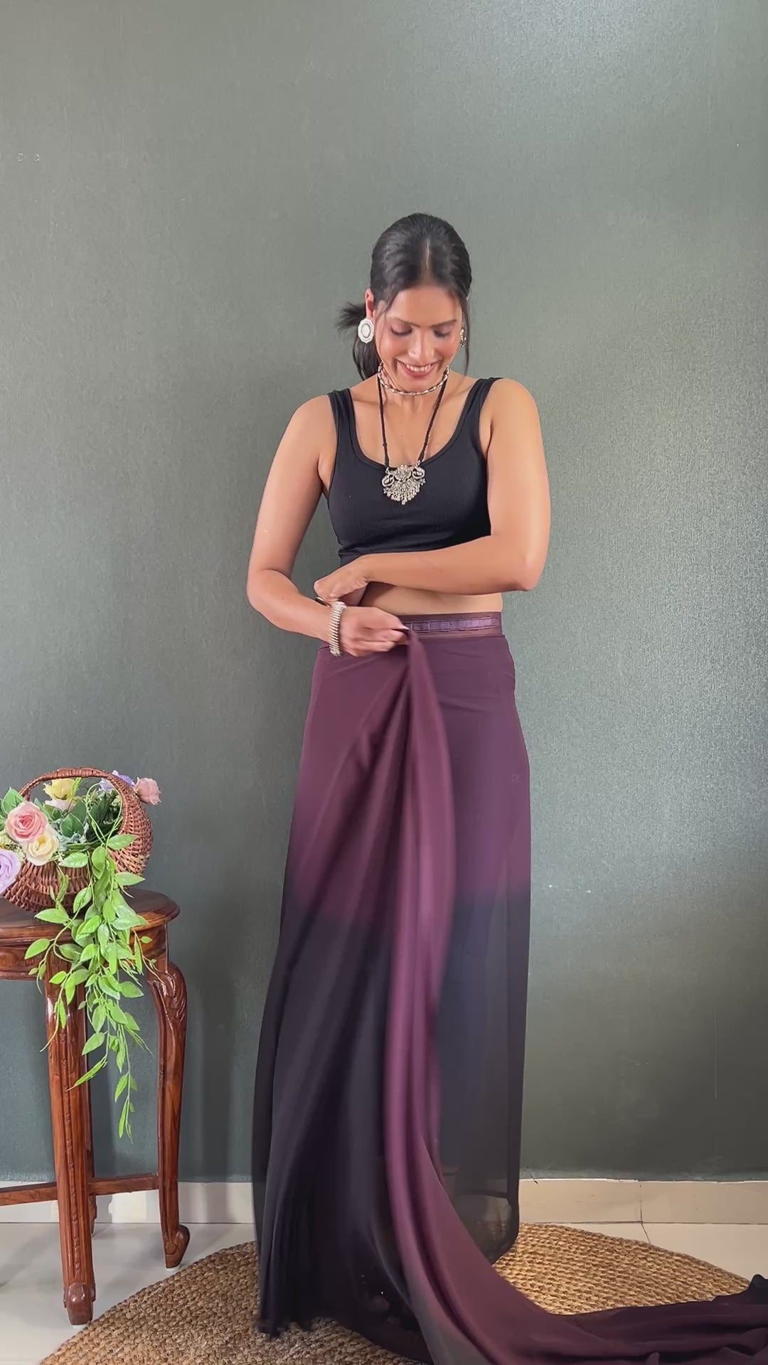 Beautiful Georgette One Min Black Ready To Wear saree With Running Blouse