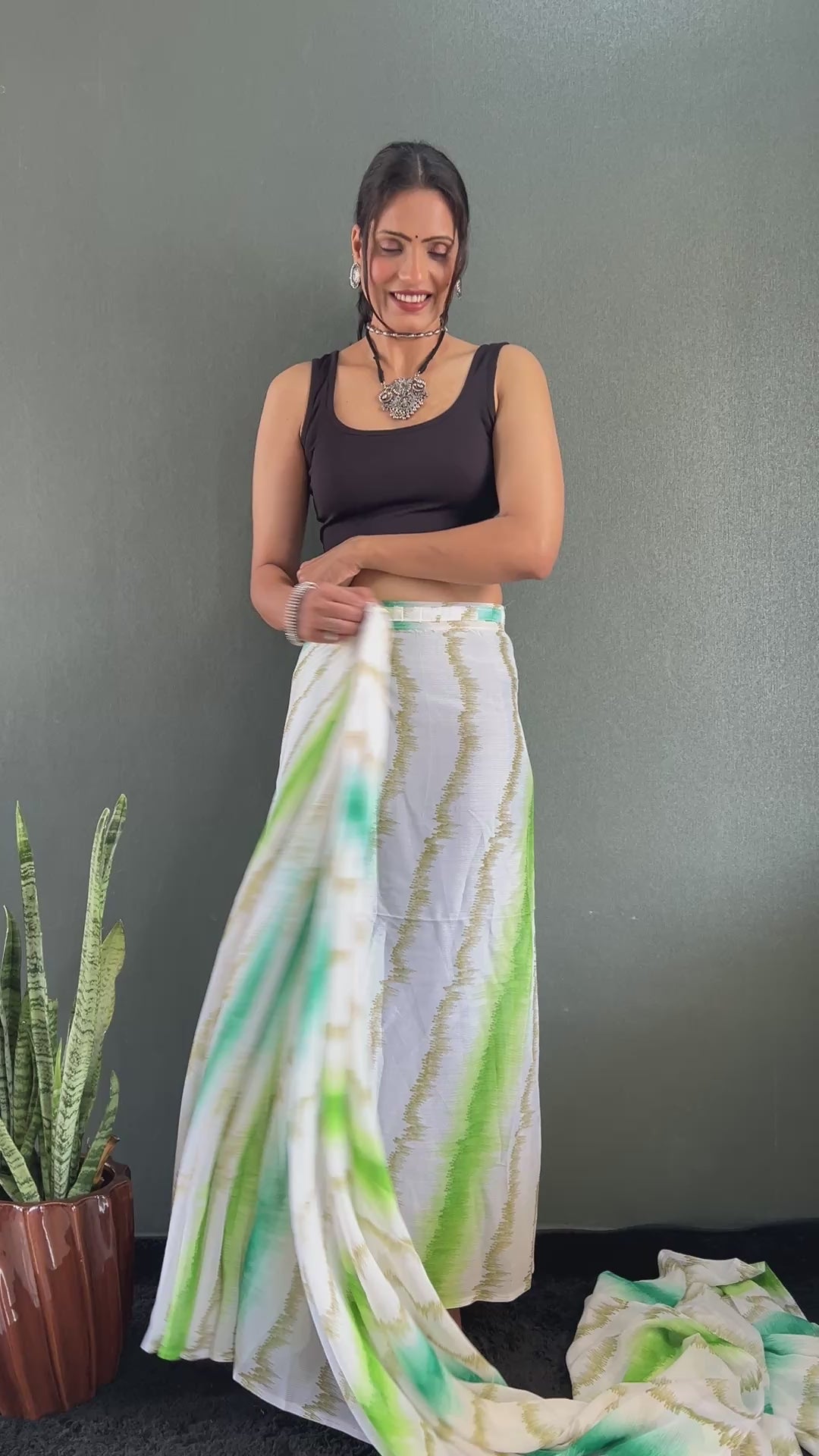Beautiful 1 Min Ready To Wear Georgette Green Saree With Banglori Satin Blouse